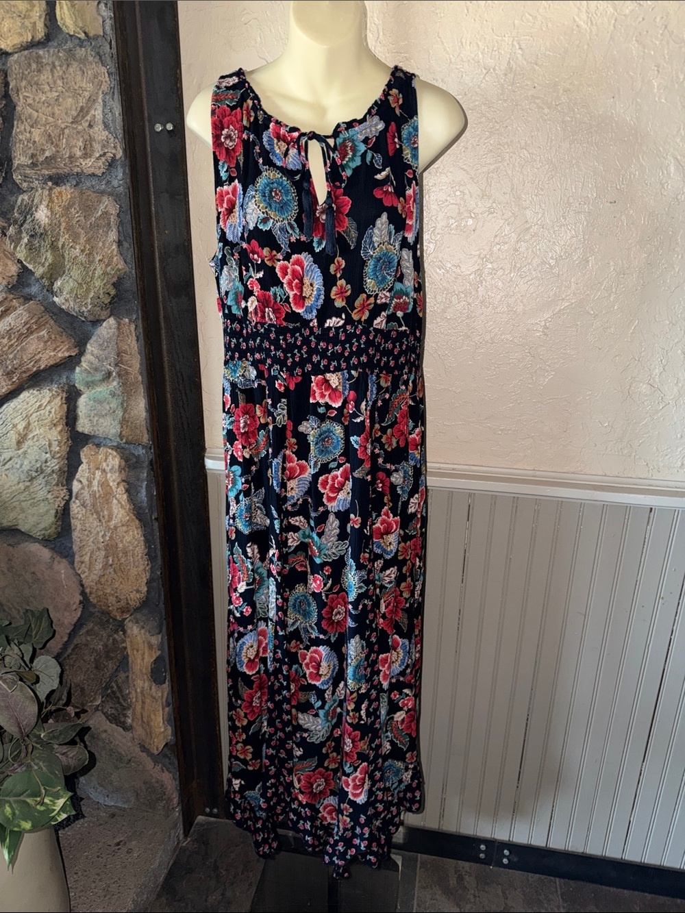 Bila Black Maxi Dress with Red & Blue Floral Print